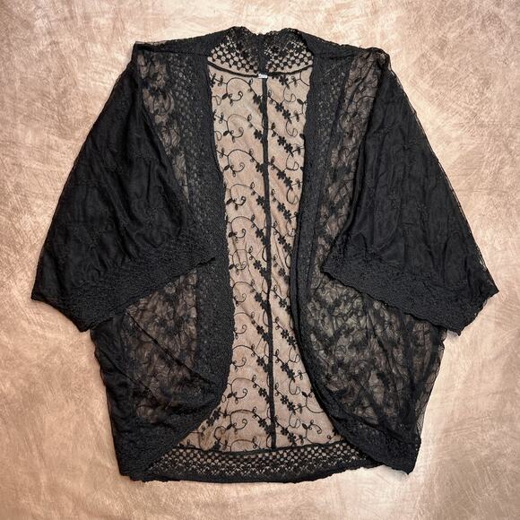 Short Sleeve Open Front Mesh Floral Lace Cardigan Black Scalloped Edges Sheer - Picture 1 of 7
